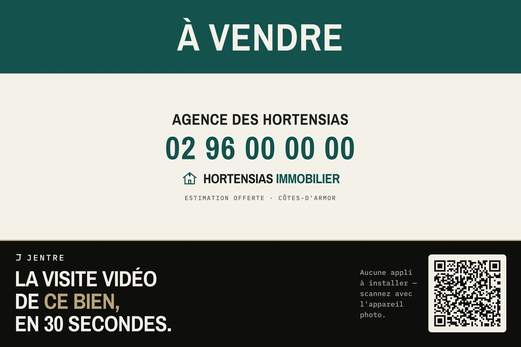 Panneau À VENDRE avec, en dessous, le bandeau Jentre et son QR code