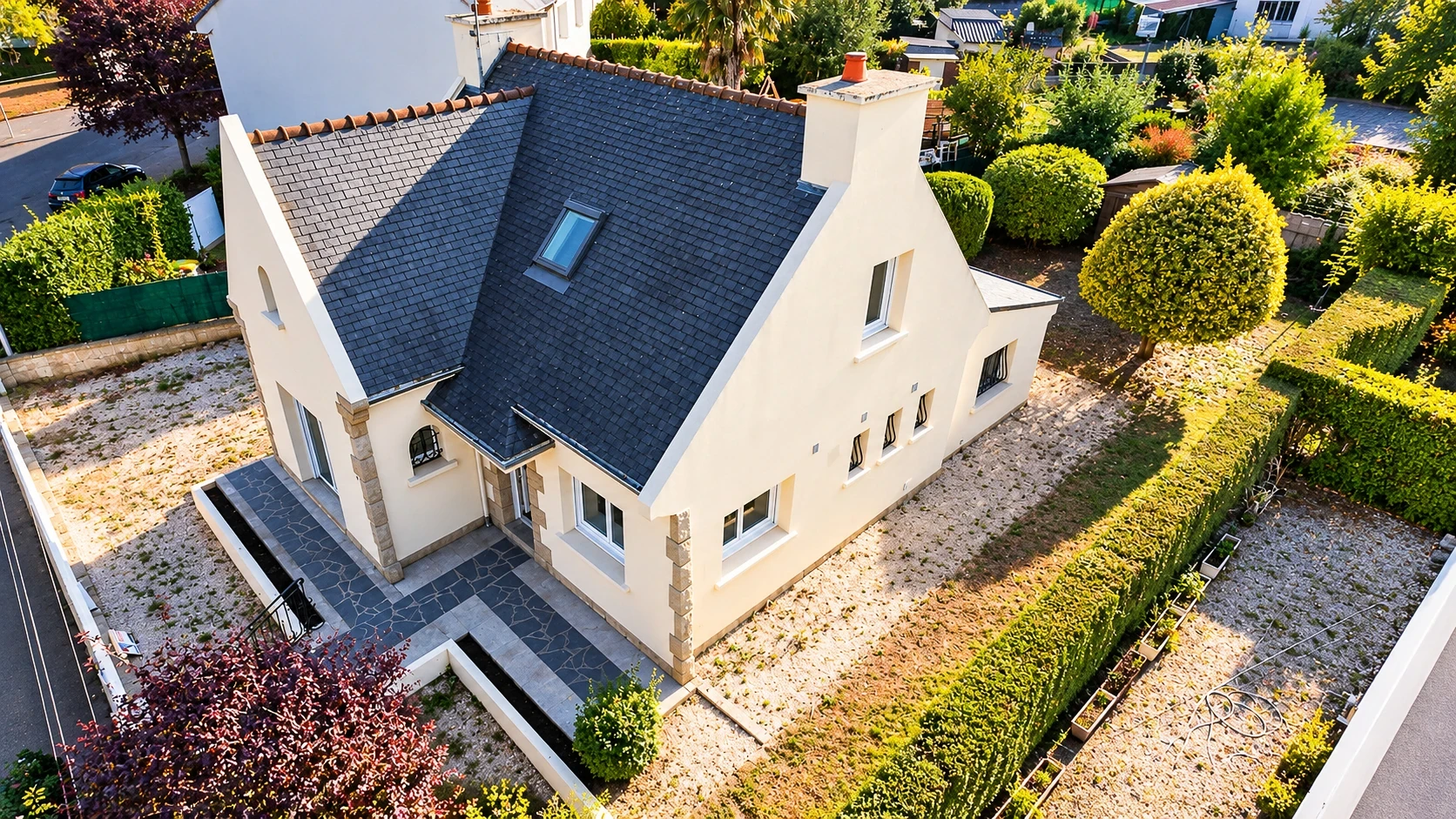 Vue de drone d’une maison néo-bretonne et de son jardin